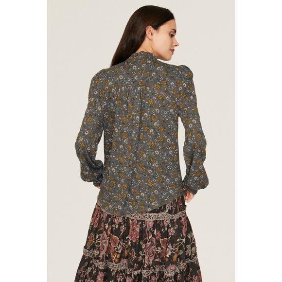 Boden Ruffle Jersey Gray Floral Print Long Sleeve Modest Blouse Size 4 - Picture 3 of 14